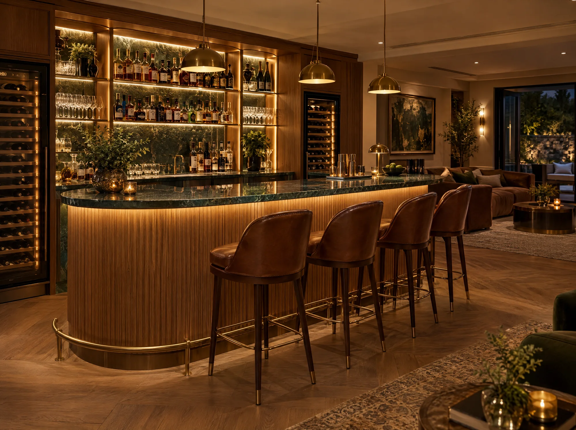 Bespoke timber home bar with integrated lighting and bottle storage
