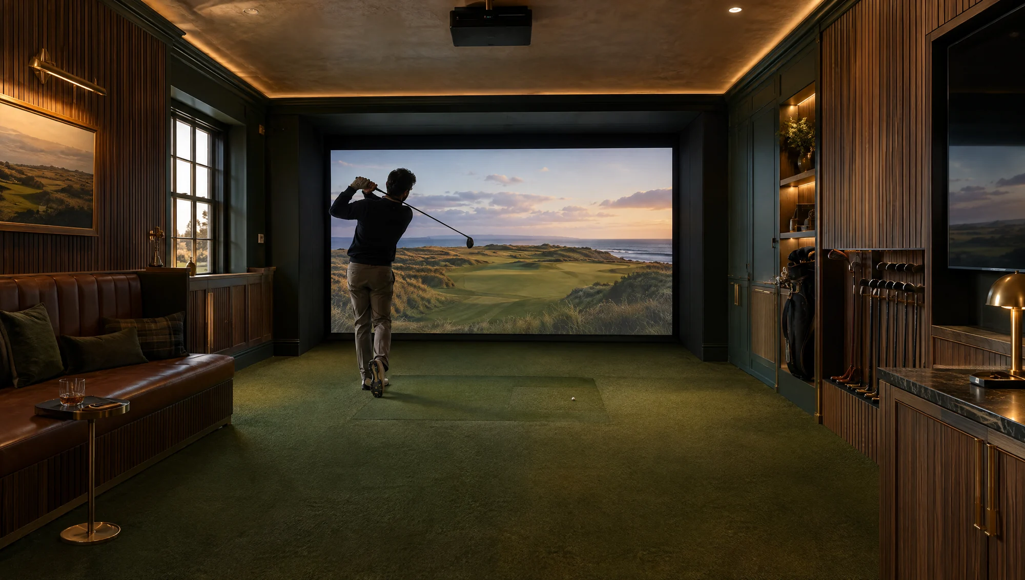 Luxury golf simulator room with an impact screen and fitted timber interior