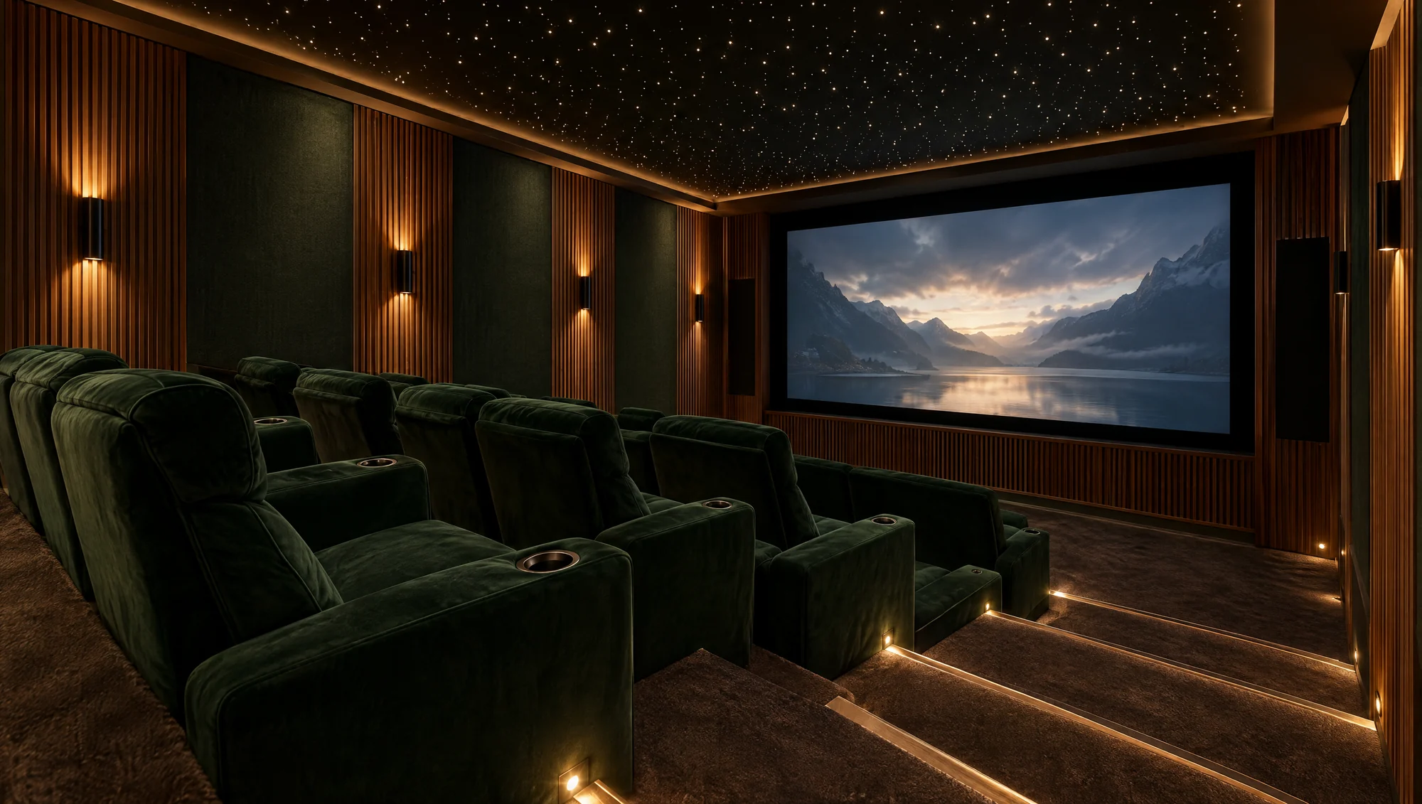 Private home cinema with tiered seating and integrated projection